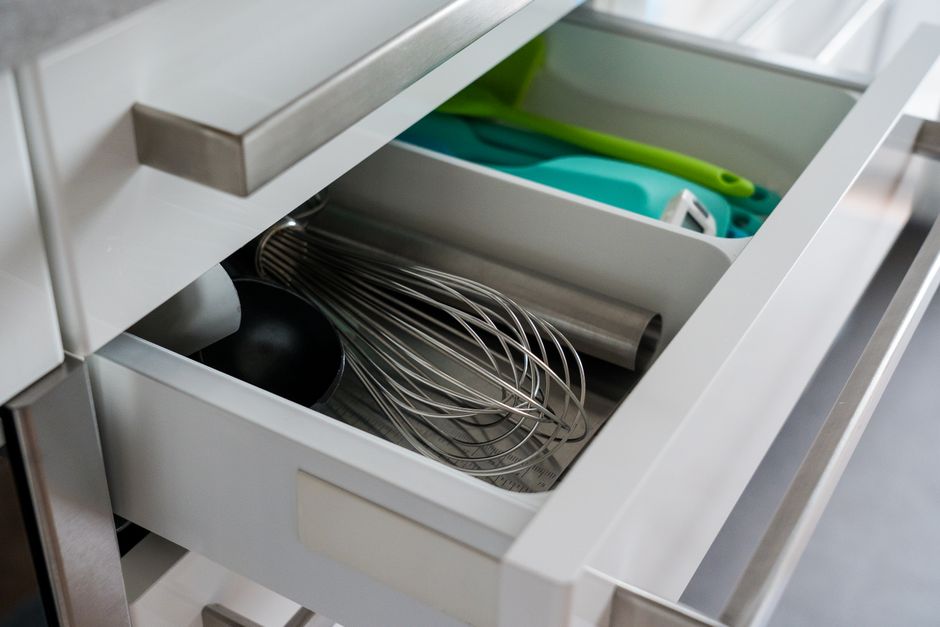 Beautifully organized kitchen drawers and lower custom cabinets